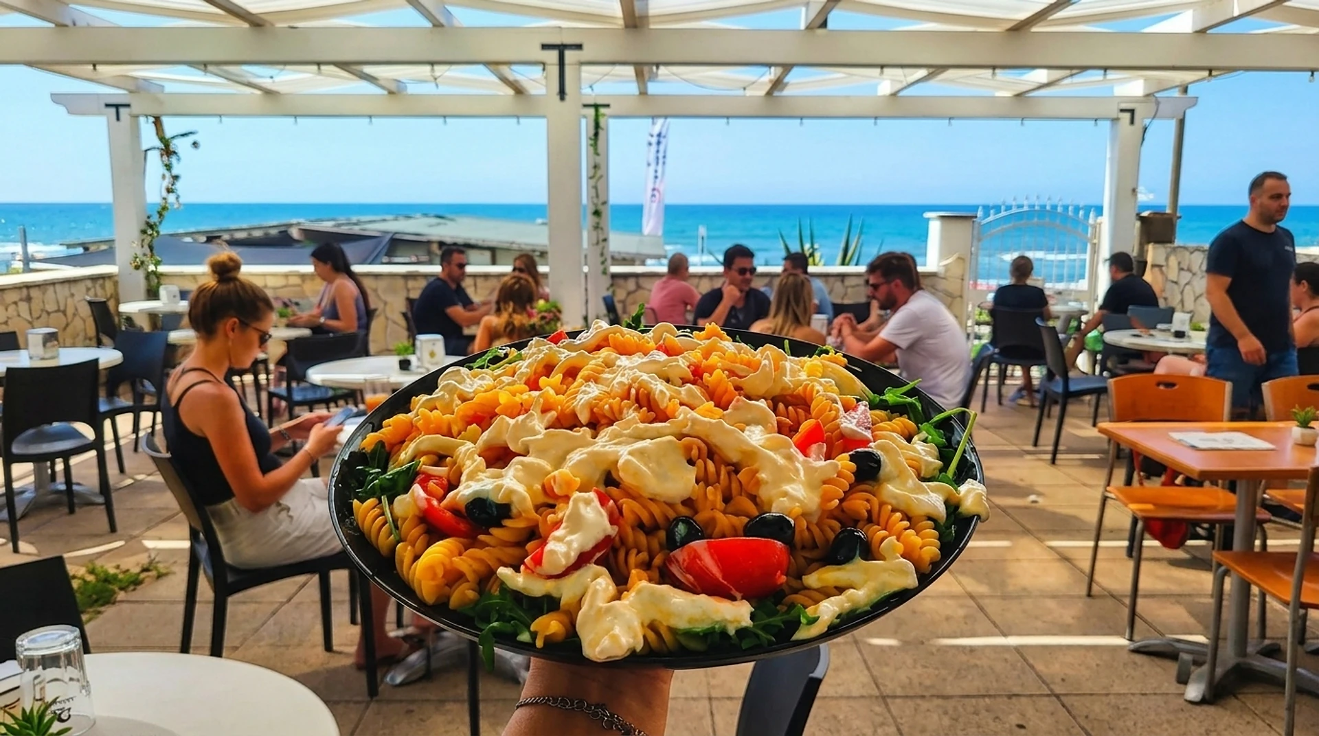La terrazza piena di gente davanti al mare